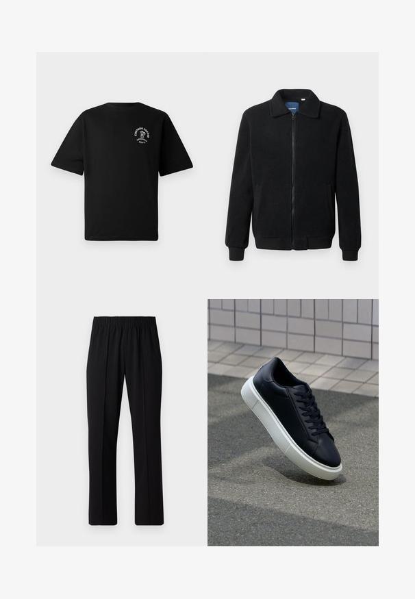 Veste en polaire noire avec fermeture éclair, col montant, poignets côtelés et poches latérales avec une surface texturée.; T-shirt noir à manches courtes avec un petit logo blanc sur la poitrine représentant une cafetière et le texte "Cortado Coffee Original 2013."; Pantalons noirs à taille élastique avec une coupe droite, présentant une texture lisse et sans motifs ni éléments visibles.; Baskets noires en cuir avec bout arrondi et semelle en caoutchouc blanc. Elles présentent des lacets plats et une couture minimale sur la tige. Semelle texturée pour une bonne adhérence.