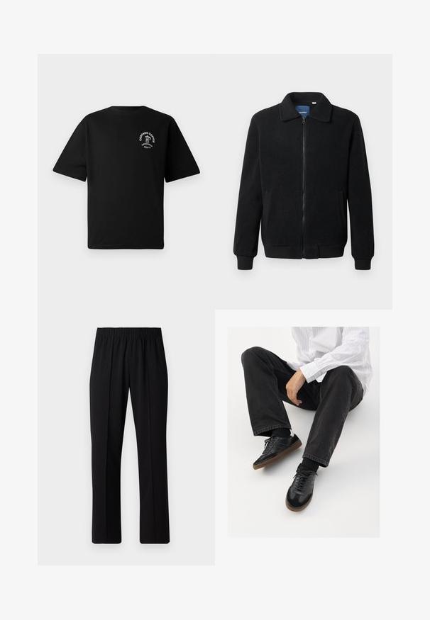 Veste en polaire noire avec fermeture éclair, col montant, poignets côtelés et poches latérales avec une surface texturée.; T-shirt noir à manches courtes avec un petit logo blanc sur la poitrine représentant une cafetière et le texte "Cortado Coffee Original 2013."; Pantalons noirs à taille élastique avec une coupe droite, présentant une texture lisse et sans motifs ni éléments visibles.; Sneakers noirs avec un dessus lisse et texturé, dotés d'une semelle en caoutchouc et de lacets sombres. Associés à un jean noir et une chemise blanche à rayures.