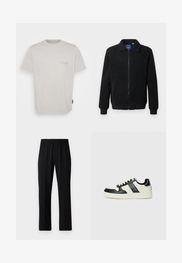 Musternahk fleece-jakk musternahaga, tõmblukk, seisev kaelus, soonikkoes varrukad ja küljetaskud tekstuurse pinnaga.; Hele halli puuvillane T-särk lühikeste käistega, ümmargune kaelus ja väike logo trükitud vasakule rinnaosale. Omab sirget ääret ja küljetagi.; Mustad, elastse puusärgid sirge säärega, mis on sileda tekstuuriga ja ilma nähtavate mustrite või riistadega.; Nahatud nahkkingad musta ja kreemi värviskeemiga, millel on perforeeritud aktsendid, pehme krae ja tekstureeritud tallad.