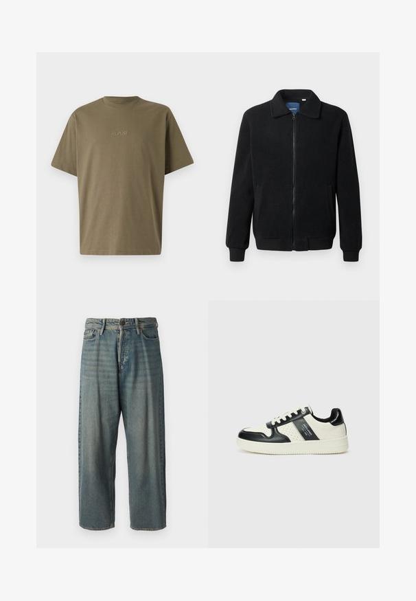 Giacca in pile nera con chiusura zip, colletto alto, polsini a coste e tasche laterali con superficie strutturata.; T-shirt verde oliva, collo rotondo, maniche corte, realizzato in tessuto morbido. Presenta la scritta "REPLAY" ricamata sulla parte anteriore in una tonalità coordinata.; Jeans di denim azzurro chiaro con vestibilità ampia, vita media e gambe dritte. Presenta cinque tasche, passanti per cintura e chiusura con bottone.; Sneakers in pelle con una combinazione di colori nero e crema, dotati di dettagli perforati, collare imbottito e suola testurizzata.