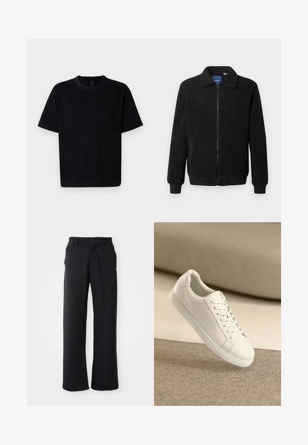 Μαύρο φλις μπουφάν με κλείσιμο με φερμουάρ, όρθιο γιακά, λαστιχένια μανίκια και πλάγιες τσέπες με υφή.; Μαύρη βαμβακερή μπλούζα με στρογγυλή λαιμόκοψη, κοντά μανίκια και ίσια γραμμή. Διαθέτει ελάχιστες ραφές και μαλακή, λείες υφή.; Μαύρο παντελόνι ίσιου σχεδιασμού με κλείσιμο με κουμπί και φερμουάρ, βρόχους ζώνης και πλάγιες τσέπες, τοποθετημένο σε λευκό φόντο.; Λευκά δερμάτινα αθλητικά παπούτσια με λευκά κορδόνια, τοποθετημένα σε μπεζ υφασμάτινη επιφάνεια με ήπιο θολό φόντο.