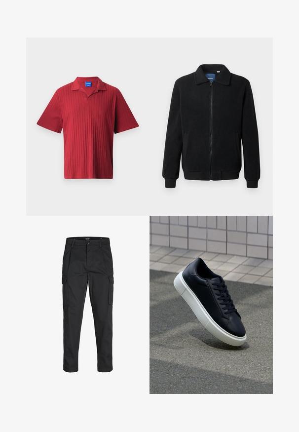 Musternahk fleece-jakk musternahaga, tõmblukk, seisev kaelus, soonikkoes varrukad ja küljetaskud tekstuurse pinnaga.; Punane lühikeste varrukatega polo särk, millel on vertikaalne sooniktekstuur, soonikuga kaelus ja sisekrae peal sildiga etikett.; Mustad mustapõlvik, mis on valmistatud tugeva koe kasutades, sisaldab mitmeid taskuid, nupule kinnitatav sulgemine ja kitsenev disain.; Mustast nahast tennisetoss, millel on ümar nina ja valge kummist tall. Omab siredaid paelu ja minimaalset õmblemist ülemises osas. Tekstuuriga tald, mis tagab haakuvuse.