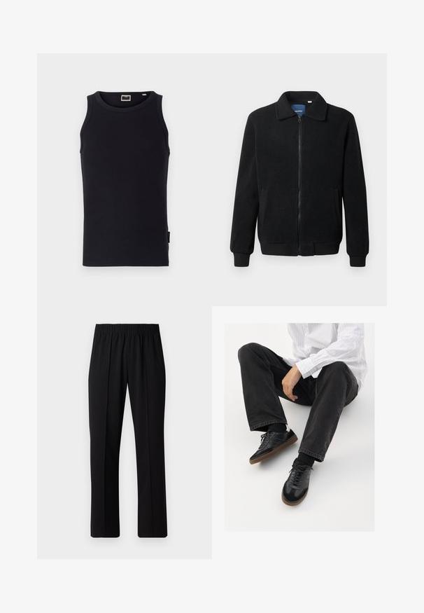 Čierna flísová bunda s uzáverom na zips, stojatým golierom, rebrovanými manžetami a bočnými vreckami s textúrovaným povrchom.; Čierny bezrukávový top vyrobený z bavlny, s ryhovanou textúrou, okrúhlym výstrihom a malou bočnou etiketou. Jednoduchý, priliehajúci dizajn.; Čierne nohavice s elastickým pásom a rovnými nohavicami, majú hladkú textúru a žiadne viditeľné vzory ani kovové doplnky.; Čierne tenisky s hladkým a textúrovaným zvrškom, s gumovou podrážkou a tmavými šnúrkami. Kombinované s čiernymi džínsami a bielo-prúžkovanou košeľou.