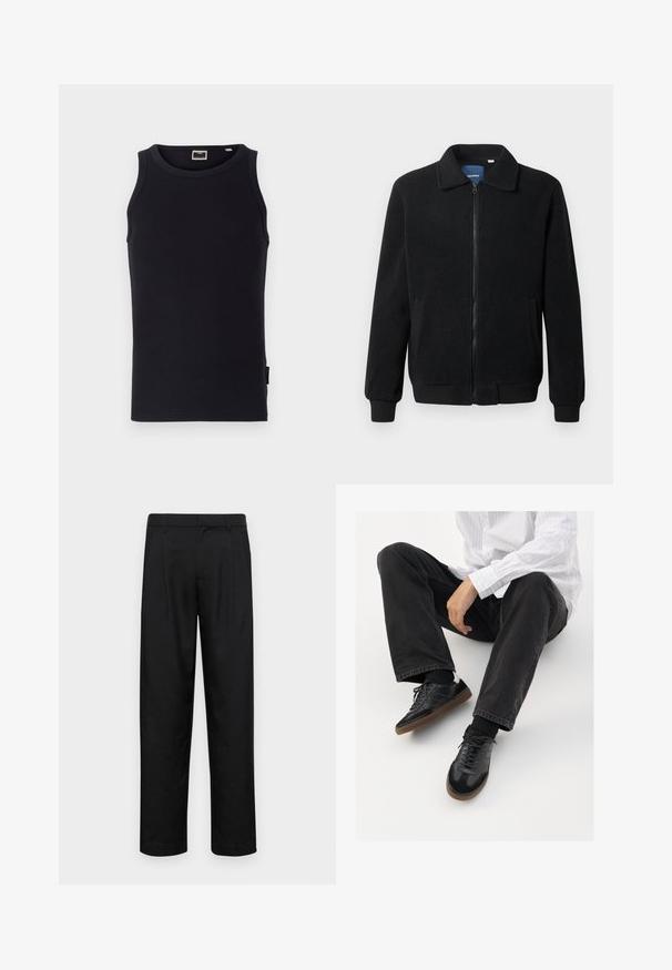 Juodas fliso džemperis su užtrauktuku, stovinčia apykakle, gumuotais rankogaliais ir šoninėmis kišenėmis, turinčiomis tekstūruotą paviršių.; Juodo medvilninio be rankovių marškinėlių, su griovelių tekstūra, apvaliu iškirpimu ir mažuoju šoniniu etiketu. Paprastas, prigludęs dizainas.; Juodi kelnių modeliai, pagaminti iš lygios medžiagos, turi tiesią kojas, du priekiniai klostės ir standartinę juosmenį su diržo kilpomis.; Juodi sportbačiai su lygiu ir tekstūruotu paviršiumi, turi guminį padas ir tamsias raištelius. Suderinti su juodomis džinsais ir balta juostuota marškinėliais.