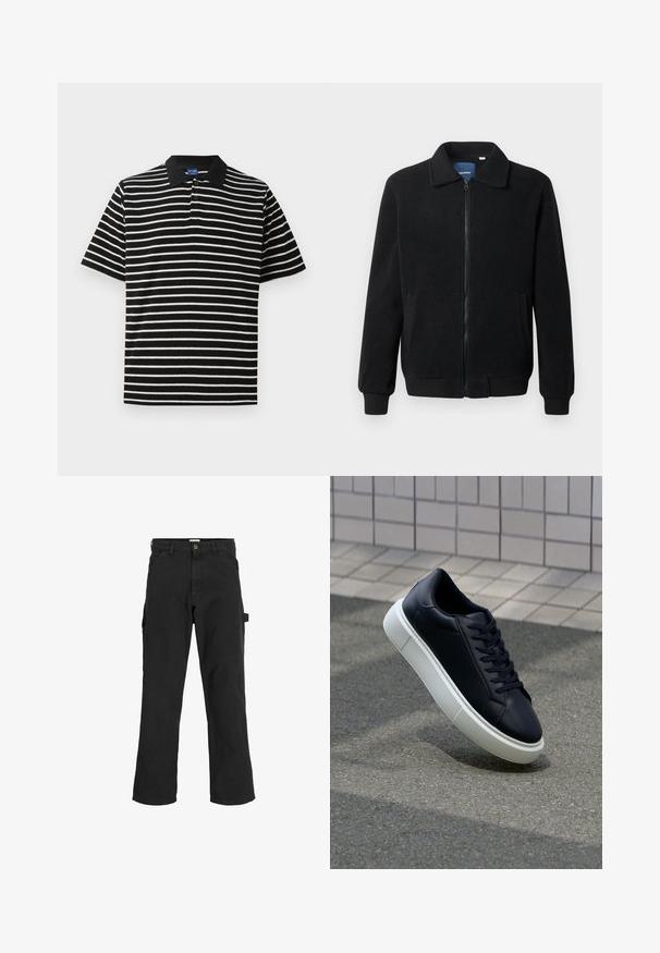 Musternahk fleece-jakk musternahaga, tõmblukk, seisev kaelus, soonikkoes varrukad ja küljetaskud tekstuurse pinnaga.; Mustvalge triibuline polo särk lühikeste varrukatega, must kaelus ja kolm nööpi kaela juures. Pehme kangatekstuur.; Mustad seljandavad püksid puuvilla ja sünteetilise segu kangast. Omavad laiu jalgu, ees kaldus taskuid ning külgtaskut, millel on tarvikute jaoks silmus.; Mustast nahast tennisetoss, millel on ümar nina ja valge kummist tall. Omab siredaid paelu ja minimaalset õmblemist ülemises osas. Tekstuuriga tald, mis tagab haakuvuse.