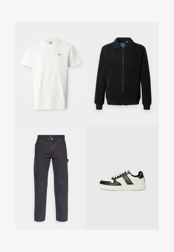 Svart fleecjacka med dragkedja, ståkrage, ribbade muddar och sidofickor med texturerad yta.; Vit bomullströja med rund hals och korta ärmar. Visar en liten rektangulär lila och blå Lee-logotyp på vänster bröst.; Mörkgrå cargobyxor i slitstark tyg, med rak benform, fem fickor och knappstängning i midjan.; Läder sneakers med en svart och krämfärgad färgsättning, med perforerade detaljer, en vadderad krage och en strukturerad yttersula.