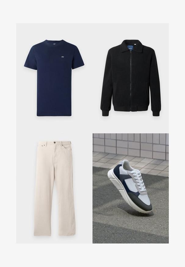 Svart fleece jakke med glidelås, høy krage, ribbestrikkede mansjetter og sidelommer med strukturert overflate.; Marineblå bomull T-skjorte med korte ermer, rund hals og en liten brodert logo på brystet. Enkel design, ubarbert tekstur.; Beige kordfløyelsbukser med rett snitt, med ribbet tekstur, fem-lomme design og knappestolpe.; Hvitt, marineblått og grått sportsko med en blandet materialdesign, som har en teksturert overdel, flate snørebånd og en polstret såle.
