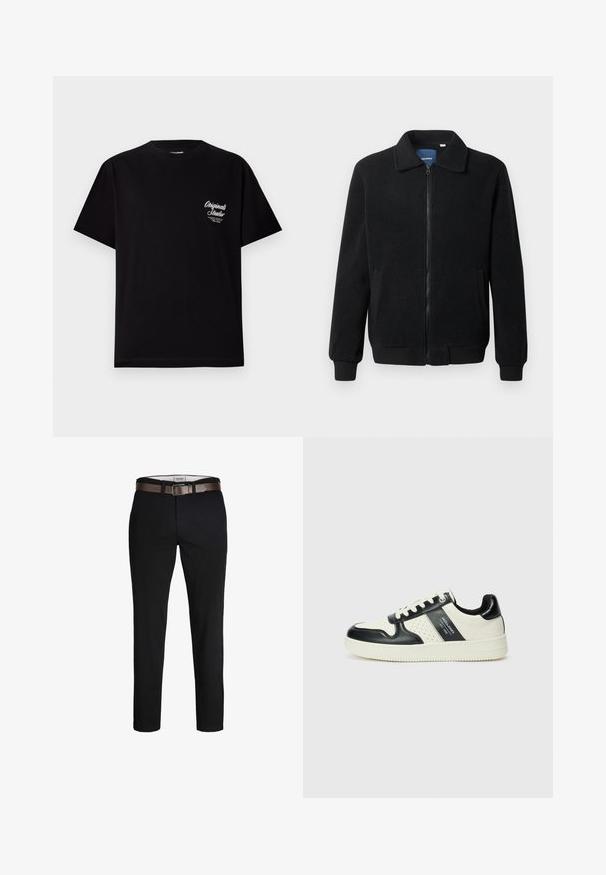 Juodas fliso džemperis su užtrauktuku, stovinčia apykakle, gumuotais rankogaliais ir šoninėmis kišenėmis, turinčiomis tekstūruotą paviršių.; Juodas trumpomis rankovėmis medvilnės marškinėliai. Yra mažas baltas logotipas kairėje krūtinės pusėje. Apvalus kaklas, įprastas tinkamumas.; Juodi medvilniniai kelnių su tiesiu kirpimu, su rudą odinį diržą ir lygiu tekstūru. Paprastas dizainas, be matomų raštų ar akcentų.; Odiniai sportbačiai juodos ir kreminės spalvų schemoje, su perforuotais akcentais, paminkštinta apykakle ir tekstūruotu padu.