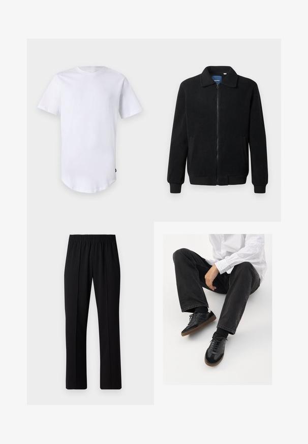 Svart fleece jakke med glidelås, høy krage, ribbestrikkede mansjetter og sidelommer med strukturert overflate.; Hvit kortermet t-skjorte laget av bomull. Crew neck-design med buet nederkant. Merke synlig på venstre nederste side. Glatt tekstur.; Svart, elastisk midjebukser med rett ben-design, med en glatt tekstur og uten synlige mønstre eller maskinvare.; Svarte joggesko med en glatt og teksturert overflate, med gummisåle og mørke snører. Kombinert med svarte jeans og en hvit stripet skjorte.