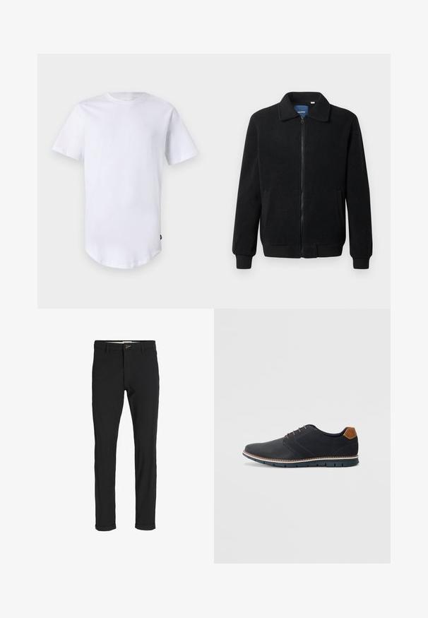 Sort fleecejakke med lynlås, opretstående krave, ribbede manchetter og sidelommer med en tekstureret overflade.; Hvid kortærmet t-shirt lavet af bomuld. Rund halsudskæring med en buet kant. Etiket synlig på nederste venstre side. Glat tekstur.; Sorte bomuldsblandede bukser med slim fit, der har en knaplukning, lommer og opbrugte stumper for et afslappet udtryk.; Sorte syntetiske sko med en tekstureret overdel, glatte accenter, brun hæl og en kontrasterende sål. Har minimale snørebånd og syningsdetaljer.