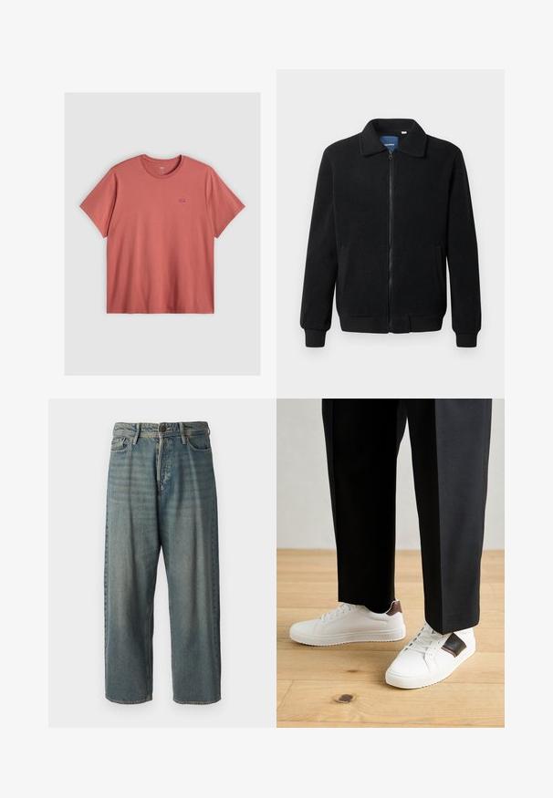 Black fleece jacket featuring a zip closure, stand collar, ribbed cuffs, and side pockets with a textured surface.; Short-sleeve t-shirt in a faded coral color, made of cotton with a round neck. Features a small red Levi's logo on the left chest.; Light blue denim jeans with a loose fit, mid-rise waist, and straight legs. Features five pockets, belt loops, and a button closure.; White sneakers with smooth texture, featuring brown leather accents and black detailing, paired with black tailored pants. Wooden floor background.