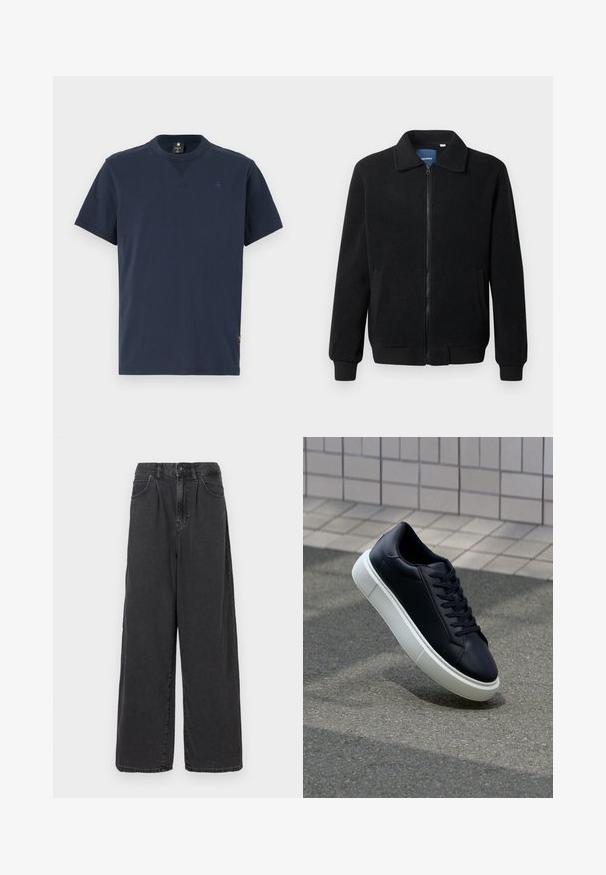 Black fleece jacket featuring a zip closure, stand collar, ribbed cuffs, and side pockets with a textured surface.; Navy blue short-sleeve t-shirt made of cotton, featuring a crew neckline and a small logo on the chest. Casual fit with a straight hem.; Wide-leg, high-waisted black denim pants with a front button and zipper closure, featuring side pockets and a smooth texture.; Black leather sneaker with rounded toe and white rubber sole. Features flat laces and minimal stitching on the upper. Textured sole for grip.