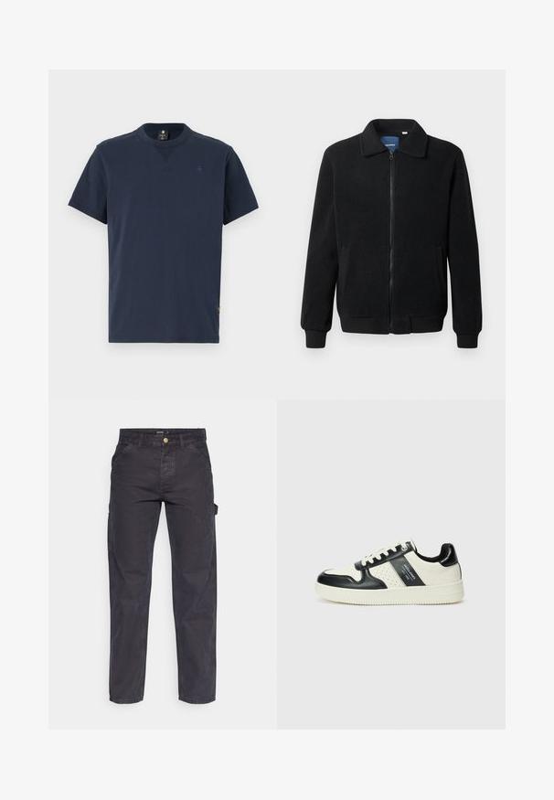 Černá fleecová bunda s zipovým uzávěrem, stojáčkem, vroubkovanými manžetami a bočními kapsami s texturovaným povrchem.; Námorně modré tričko s krátkým rukávem vyrobené z bavlny, s kulatým výstřihem a malým logem na hrudi. Klasický střih s rovním lemem.; Tmavě šedé cargo kalhoty vyrobené z odolné látky, s rovnými nohavicemi, pěti kapsami a knoflíkovým zapínáním v pase.; Kožené tenisky s černobílou barevnou kombinací, které mají perforované detaily, polstrovaný límec a texturovanou podrážku.