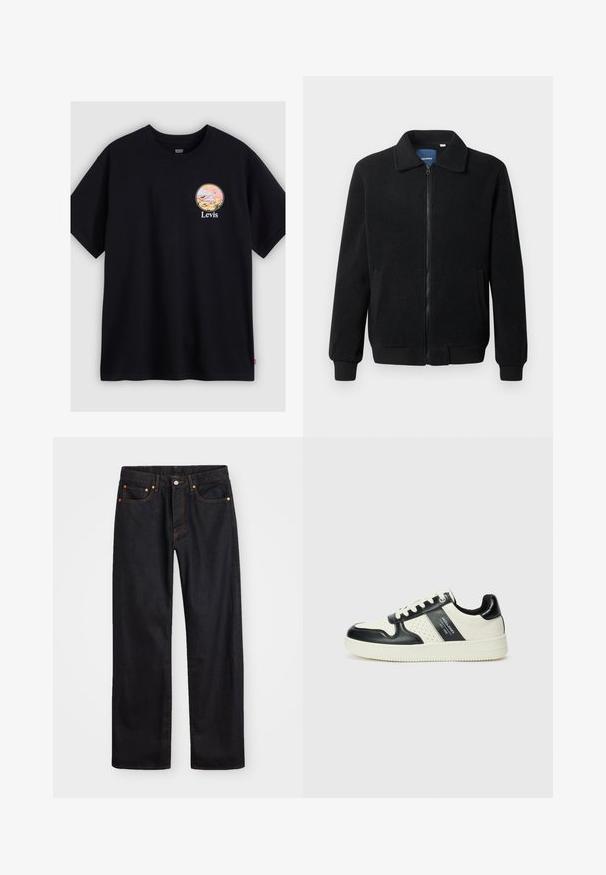 Chaqueta de forro polar negra con cierre de cremallera, cuello alzado, puños acanalados y bolsillos laterales con una superficie texturizada.; Camiseta de algodón negra con un diseño gráfico redondo en colores pastel, que representa un paisaje y la palabra "Levis" debajo del gráfico.; Jeans de mezclilla negros de pierna recta para hombre, con cinco bolsillos y costuras en color naranja, cierre de botón y cremallera en la parte delantera de la cintura.; Zapatillas de cuero con un esquema de colores negro y crema, que cuentan con acentos perforados, un collar acolchado y una suela texturizada.