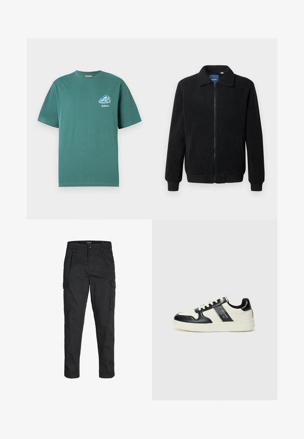 Musternahk fleece-jakk musternahaga, tõmblukk, seisev kaelus, soonikkoes varrukad ja küljetaskud tekstuurse pinnaga.; Roheline puuvillane T-särk lühikeste varrukatega, vasakul rindkerel on väike, värviline graafiline disain. Kerge, tavaline lõige.; Mustad mustapõlvik, mis on valmistatud tugeva koe kasutades, sisaldab mitmeid taskuid, nupule kinnitatav sulgemine ja kitsenev disain.; Nahatud nahkkingad musta ja kreemi värviskeemiga, millel on perforeeritud aktsendid, pehme krae ja tekstureeritud tallad.