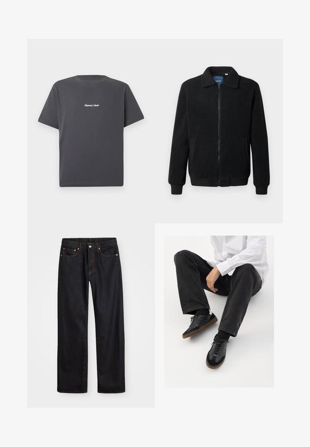 Casaco de polar preto com fecho de correr, gola alta, punhos canelados e bolsos laterais com uma superfície texturizada.; T-shirt de algodão cinza escuro com mangas curtas, gola redonda, e texto bordado em branco "Original Studio" no peito. Design simples.; Calças de ganga pretas para homem, de pernas retas, com cinco bolsos e costura laranja, fecho de botão e zíper na cintura da frente.; Sneakers pretos com parte superior lisa e texturada, apresentando uma sola de borracha e atacadores escuros. Combinados com jeans pretos e uma camisa branca às riscas.