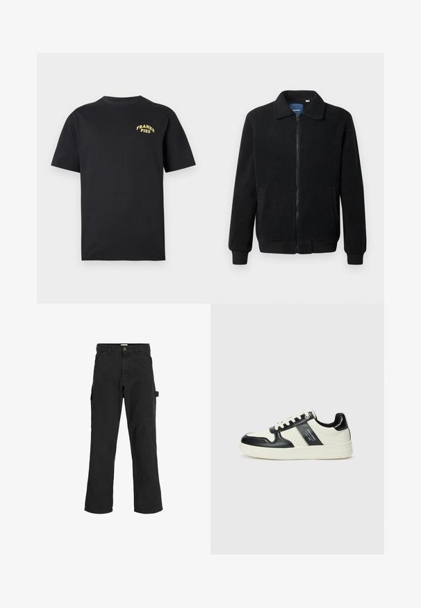 Chaqueta de forro polar negra con cierre de cremallera, cuello alzado, puños acanalados y bolsillos laterales con una superficie texturizada.; Camiseta de algodón negra de manga corta con el texto amarillo "FRANKS PIES" en la parte superior izquierda del pecho.; Pantalones cargo negros en tejido de mezcla de algodón. Presentan piernas anchas, bolsillos frontales inclinados y un bolsillo lateral con un lazo para accesorios.; Zapatillas de cuero con un esquema de colores negro y crema, que cuentan con acentos perforados, un collar acolchado y una suela texturizada.