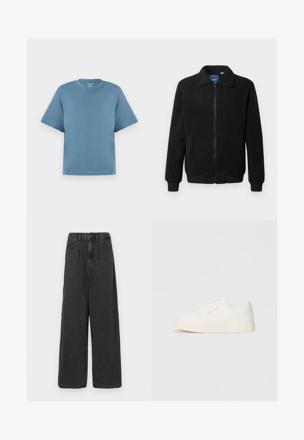 Black fleece jacket featuring a zip closure, stand collar, ribbed cuffs, and side pockets with a textured surface.; Blue short-sleeve t-shirt, made of cotton, with a crew neck and a relaxed fit. Smooth texture, minimalist design, no patterns or accents.; Wide-leg, high-waisted black denim pants with a front button and zipper closure, featuring side pockets and a smooth texture.; White slip-on sneakers with a textured surface, a thick sole, and minimalistic design. Features brand logo on the side.