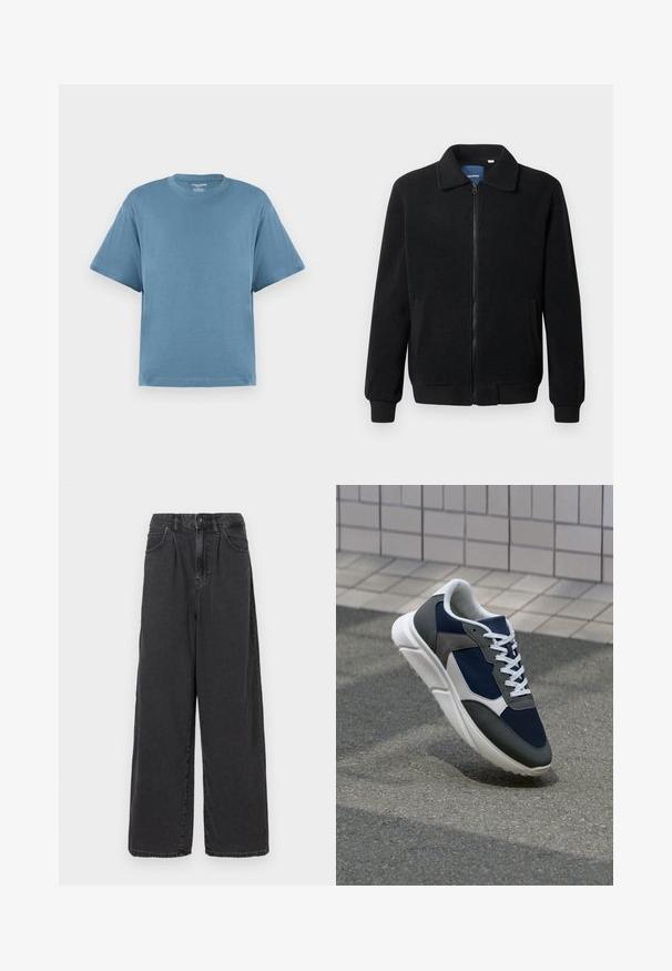 Crni flis jakna s zatvaranjem na zip, stojećim ovratnikom, rebrastim manžetama i bočnim džepovima s teksturiranom površinom.; Plavi kratki rukav majica, izrađena od pamuka, s okruglim izrezom i opuštenim krojem. Glatka tekstura, minimalistički dizajn, bez uzoraka ili akcenta.; Crne traperice širokih nogavica visoko strukirane s prednjim gumbom i zatvaračem, koje imaju bočne džepove i glatku teksturu.; Tenisice s gornjim dijelom od mrežastog materijala tamnoplave boje, siva antilopova naglašavanja, bijela gumena potplat i ravne bijele vezice, dizajnirane za udobnost i prozračnost.