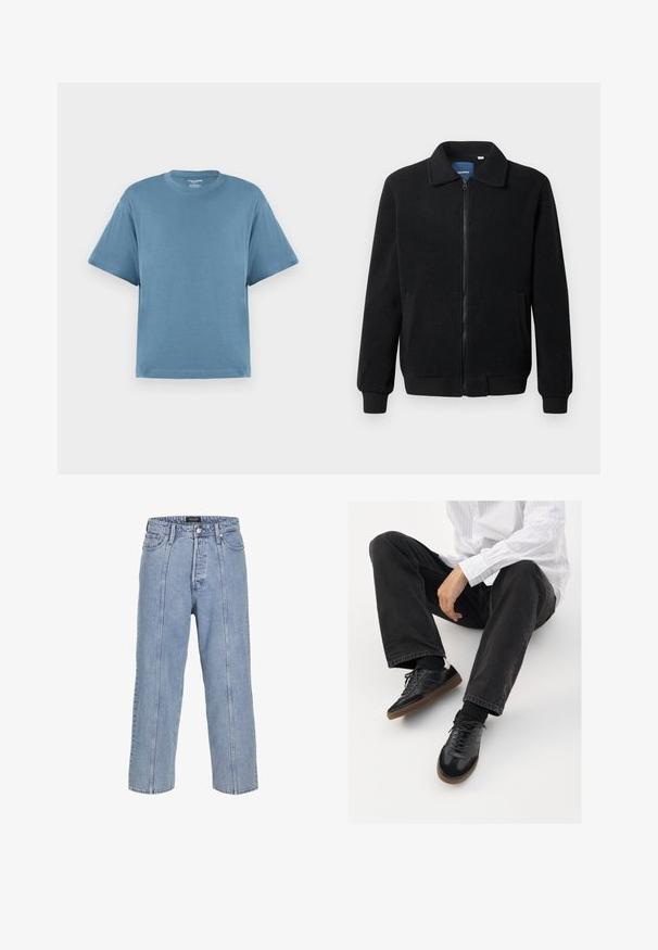 Musternahk fleece-jakk musternahaga, tõmblukk, seisev kaelus, soonikkoes varrukad ja küljetaskud tekstuurse pinnaga.; Sinine lühikeste varrukatega t-särk, valmistatud puuvillast, ümarate kaelustega ja lõdva istuvusega. Sile tekstuur, minimalistlik disain, ilma mustrite või aktsentideta.; Heledad sinine teksapüksid, millel on lai lõige, laiad sääred ja nähtavad õmbluse detailid. Omab nööbiga ja lukuga kinni tõmmatavat piirdu, viis taskut.; Mustad spordijalatsid siledast ja tekstuurilisest ülemisest osast, millel on kummist tald ja tumedad nöörid. Kombineeritud mustade teksade ja valge triibulise särgiga.