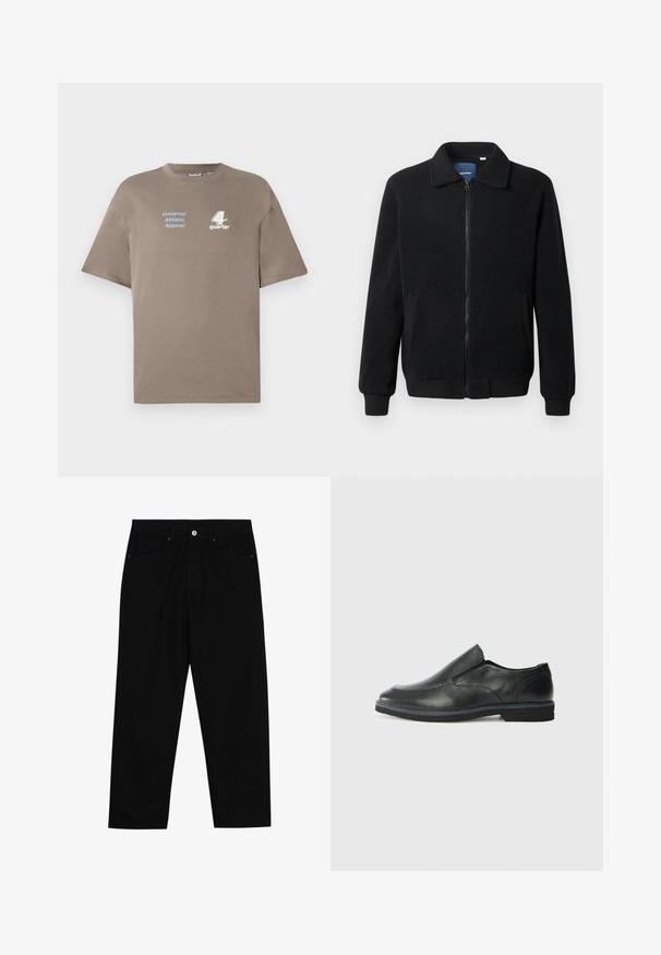 Svart fleece jakke med glidelås, høy krage, ribbestrikkede mansjetter og sidelommer med strukturert overflate.; Brun bomulls T-skjorte med rund hals. Har blå tekst "Universal Athletic Apparel" og hvit "4th quarter" logo på forsiden. Korte ermer.; Sorte denimbukser med rett benklipp, fem-lomme design og frontknappåpning. Jevn tekstur med minimale sømdetaljer.; Sorte skinn slip-on sko med en jevn overflate, stikking detaljer, rund tå og en lav gummihæl. Sålen har minimal mønstring.
