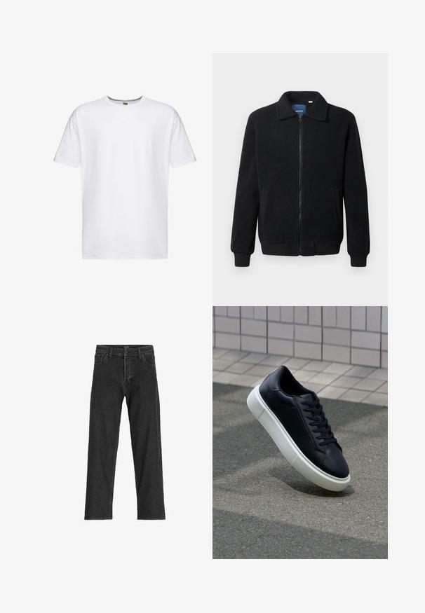 Veste en polaire noire avec fermeture éclair, col montant, poignets côtelés et poches latérales avec une surface texturée.; T-shirt en coton blanc à manches courtes, col rond et coupe décontractée. Sans motifs ni logos, texture lisse et longueur standard.; Jean en denim noir avec une coupe droite, dotée d'une fermeture éclair, de passants de ceinture et de six poches, confectionnée dans un tissu en coton robuste.; Baskets noires en cuir avec bout arrondi et semelle en caoutchouc blanc. Elles présentent des lacets plats et une couture minimale sur la tige. Semelle texturée pour une bonne adhérence.