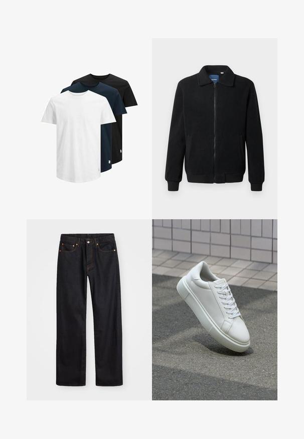 Black fleece jacket featuring a zip closure, stand collar, ribbed cuffs, and side pockets with a textured surface.; Three short-sleeve T-shirts in white, dark navy, and black. Made from cotton, featuring a crew neck and straight hem. Simple design, no patterns.; Men’s straight-leg black denim jeans with five pockets and orange stitching, button and zip closure on front waistband.; White leather sneaker with a smooth surface, round toe, and flat white laces. Features a textured rubber sole and minimal design elements.