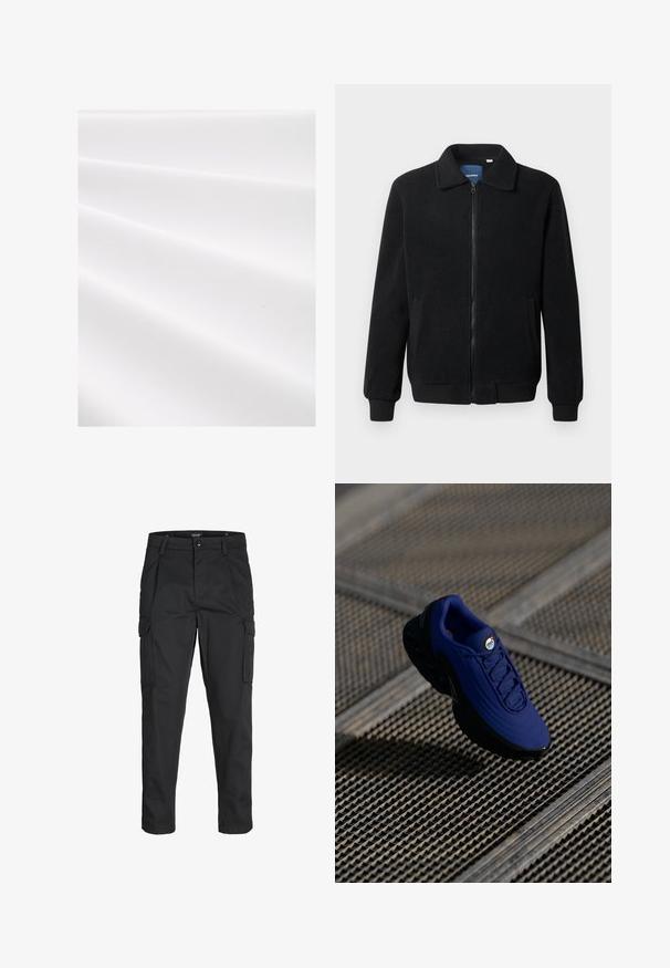 Chaqueta de forro polar negra con cierre de cremallera, cuello alzado, puños acanalados y bolsillos laterales con una superficie texturizada.; Tejido blanco con una superficie texturada y acanalada, que presenta suaves pliegues y un ligero brillo. Acabado liso sin patrones ni acentos visibles.; Pantalones cargo negros hechos de tela resistente, que cuentan con múltiples bolsillos, un cierre de botón y un diseño de corte slim con piernas ajustadas.; Zapatilla deportiva azul con parte superior texturizada, suela negra y cordones. Presenta la marca "air" en la lengüeta y elementos de amortiguación de aire visibles.