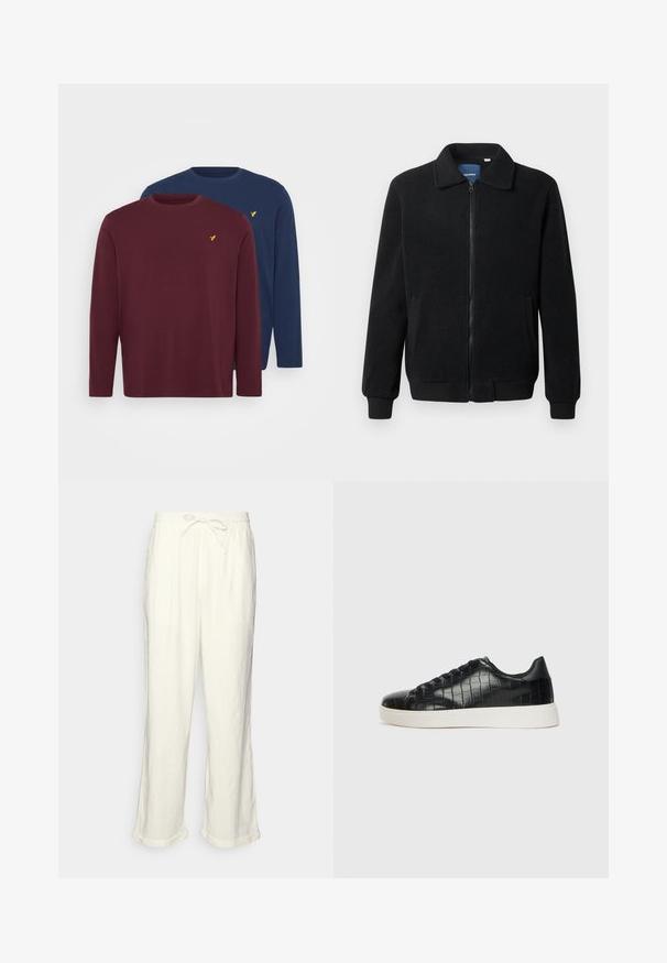 Μαύρο φλις μπουφάν με κλείσιμο με φερμουάρ, όρθιο γιακά, λαστιχένια μανίκια και πλάγιες τσέπες με υφή.; Pier One 2 PACK - Μπλούζα με μακριά μανίκια - bordeaux/dark blue; Λινές παντελόνες σε εκτός λευκού χρώματος με ρυθμιζόμενη μέση, ελαφρώς φαρδιές γραμμές και γυρισμένα μπατζάκια για μια χαλαρή εφαρμογή. Χωρίς τσέπες.; Μαύρα αθλητικά παπούτσια με υφή από δέρμα με ανάγλυφο σχέδιο κροκοδείλου, στρογγυλή μύτη και αντίθετη λευκή καουτσούκ σόλα με λείες επιφάνειες.
