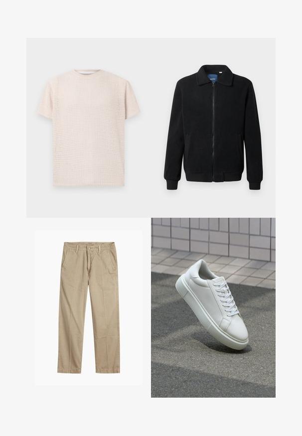 Casaco de polar preto com fecho de correr, gola alta, punhos canelados e bolsos laterais com uma superfície texturizada.; T-shirt curta de manga curta em bege claro com um padrão texturizado e um corte solto. Gola redonda e tecido suave, adequado para uso casual.; Chinos bege de perna reta com passantes para cinto, fecho frontal com botão e fecho de correr, e bolsos frontais inclinados.; Tênis de couro branco com superfície lisa, bico redondo e cadarços brancos planos. Apresenta uma sola de borracha texturizada e elementos de design minimalistas.