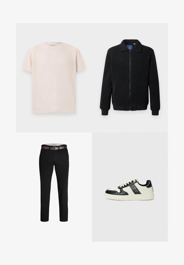 Μαύρο φλις μπουφάν με κλείσιμο με φερμουάρ, όρθιο γιακά, λαστιχένια μανίκια και πλάγιες τσέπες με υφή.; Ανοιχτό μπεζ κοντομάνικο μπλουζάκι με υφασμάτινο σχέδιο και χαλαρή εφαρμογή. Στρογγυλή λαιμόκοψη και μαλακό ύφασμα, κατάλληλο για καθημερινές εμφανίσεις.; Μαύρο βαμβακερό παντελόνι με ίσια γραμμή, διαθέτει καφέ δερμάτινη ζώνη και λεία υφή. Απλός σχεδιασμός, χωρίς ορατά μοτίβα ή αξεσουάρ.; Δερμάτινα sneakers με μαύρο και κρεμ χρωματικό σχέδιο, με διάτρητες λεπτομέρειες, επενδεδυμένο κολάρο και υφή στη σόλα.
