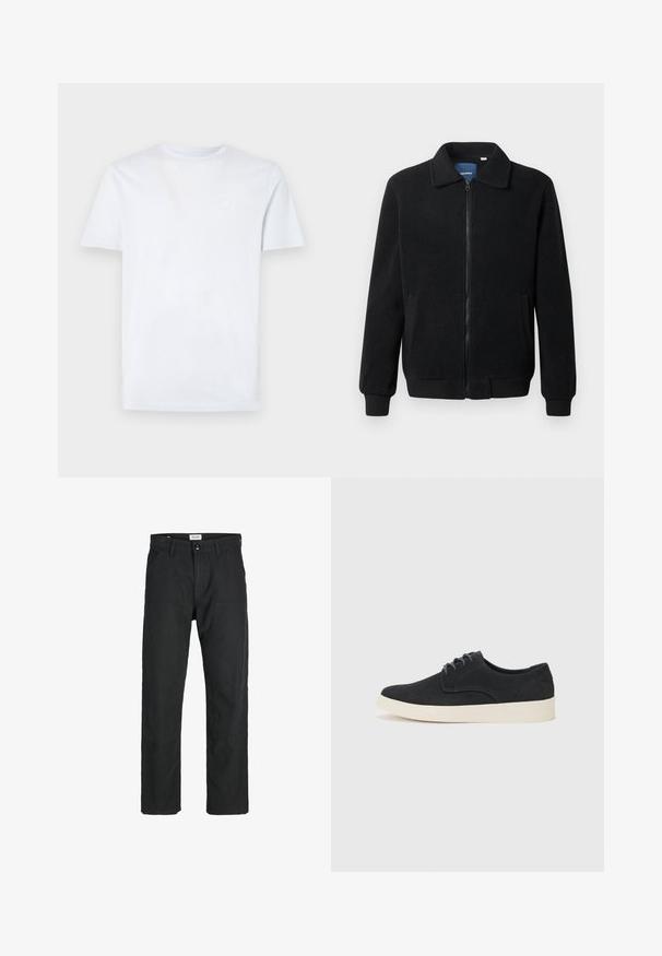Černá fleecová bunda s zipovým uzávěrem, stojáčkem, vroubkovanými manžetami a bočními kapsami s texturovaným povrchem.; Bílý bavlněný tričko s krátkými rukávy, kulatým výstřihem a malým, světlým čtvercovým logem na levé části hrudi.; Černé kalhoty vyrobené z odolné tkaniny, s rovnými nohavicemi, šitými akcenty a dvěma předními kapsami pro praktičnost.; Černé semišové šněrovací boty s kulatou špičkou, lehkou krémovou podrážkou a jemným modrým prošíváním na svršku.