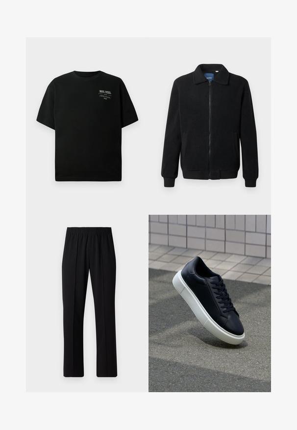 Čierna flísová bunda s uzáverom na zips, stojatým golierom, rebrovanými manžetami a bočnými vreckami s textúrovaným povrchom.; Čierne bavlnené tričko s okrúhlym výstrihom a krátkymi rukávmi; na hornej ľavej strane má biele potlačené písmo. Hladká textúra.; Čierne nohavice s elastickým pásom a rovnými nohavicami, majú hladkú textúru a žiadne viditeľné vzory ani kovové doplnky.; Čierne kožené tenisky s okrúhlou špičkou a bielou gumovou podrážkou. Majú ploché šnúrky a minimálne šitie na vrchu. Textúrovaná podrážka pre lepšiu priľnavosť.