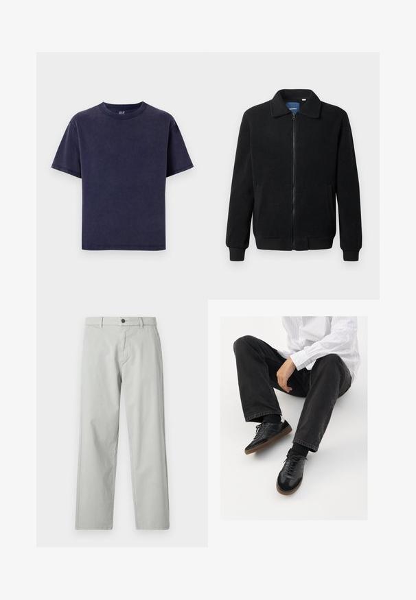 Chaqueta de forro polar negra con cierre de cremallera, cuello alzado, puños acanalados y bolsillos laterales con una superficie texturizada.; Camiseta de algodón azul marino con cuello redondo, mangas cortas y un corte relajado. Presenta un color sólido sin patrones o acentos visibles.; Pantalones rectos de color gris claro, confeccionados con una tela suave y tejida. Cierre frontal con botón y bolsillos laterales. Estilo minimalista.; Zapatillas negras con una parte superior suave y texturizada, que cuentan con una suela de goma y cordones oscuros. Combinadas con jeans negros y una camisa blanca a rayas.