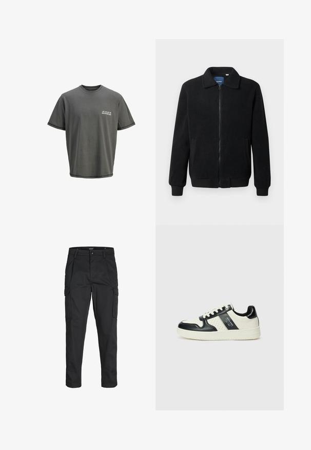 Black fleece jacket featuring a zip closure, stand collar, ribbed cuffs, and side pockets with a textured surface.; Gray cotton t-shirt with a crew neckline, short sleeves, and a printed logo on the left chest. Features contrasting hem stitching.; Black cargo pants made of sturdy fabric, featuring multiple pockets, a button closure, and a slim fit design with tapered legs.; Leather sneakers with a black and cream color scheme, featuring perforated accents, a padded collar, and a textured outsole.