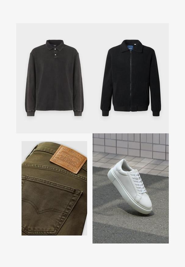 Black fleece jacket featuring a zip closure, stand collar, ribbed cuffs, and side pockets with a textured surface.; Long-sleeve polo shirt in dark gray fabric, featuring a classic collar, three-button placket, and ribbed cuffs. Soft texture with minimal design.; Olive green Levi's jeans back pocket with brown leather Levi Strauss & Co. label showing size W32 L32.; White leather sneaker with a smooth surface, round toe, and flat white laces. Features a textured rubber sole and minimal design elements.