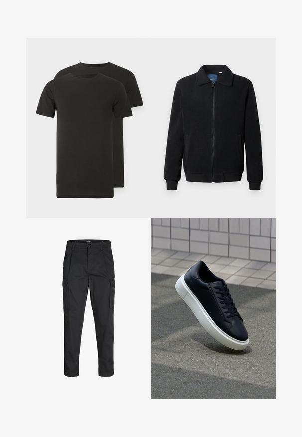 Black fleece jacket featuring a zip closure, stand collar, ribbed cuffs, and side pockets with a textured surface.; Two black crew-neck t-shirts made of soft fabric. Short sleeves, straight hemline, and no visible patterns or graphics.; Black cargo pants made of sturdy fabric, featuring multiple pockets, a button closure, and a slim fit design with tapered legs.; Black leather sneaker with rounded toe and white rubber sole. Features flat laces and minimal stitching on the upper. Textured sole for grip.