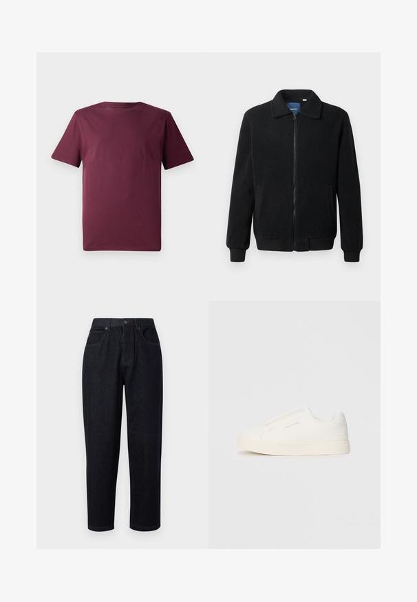 Casaco de polar preto com fecho de correr, gola alta, punhos canelados e bolsos laterais com uma superfície texturizada.; T-shirt de manga curta em cor bordeaux, feito de tecido de algodão liso, apresenta um corte clássico com decote redondo e um ajuste descontraído, sem padrões ou acentos visíveis.; Calças de ganga azul-escuro com um corte relaxado, apresentando fecho de botão e zip, dois bolsos frontais e detalhes em costura.; Sapatilhas brancas de atacar com uma superfície texturizada, sola grossa e design minimalista. Possui o logo da marca na lateral.