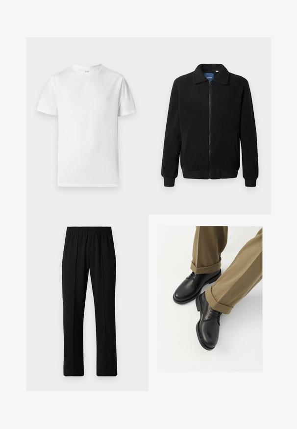 Musta fleece-takki, jossa on vetoketjulla suljettavat, pystykaulus, ribbireunat ja sivutaskut, joissa on teksturoitu pinta.; Valkoinen lyhythihainen t-paita, joka on valmistettu pehmeästä puuvillasta. Siinä on pyöreä pääntie ja suora helma, jossa on minimaalista yksityiskohtaa.; Mustat, joustavat vyötäröhousut suoralla lahkeella, joissa on sileä pinta ilman näkyviä kuvioita tai metalliosia.; Musta nahkakengät, joissa on sileä pinta, kengännauhat ja pyöreä kärki, yhdistettynä ylös käärittyihin khaki-housuihin.