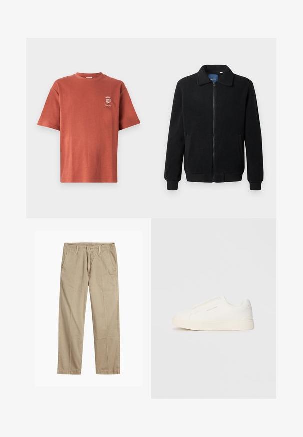 Juodas fliso džemperis su užtrauktuku, stovinčia apykakle, gumuotais rankogaliais ir šoninėmis kišenėmis, turinčiomis tekstūruotą paviršių.; Rūdžių spalvos medvilnės marškinėliai su apvalia iškirpte ir trumpomis rankovėmis. Kairėje krūtinės pusėje – mažas baltas piešinys. Lygus paviršius.; Bežiniai tiesaus kirpimo chinos kelnės su diržo kilputėmis, priekyje esančia mygtuko ir užtrauktuko uždarymo sistema, bei šoninėmis kišenėmis.; Baltos slip-on sportbačiai su tekstūruota paviršiumi, storesniu padu ir minimalistišku dizainu. Šone matosi prekės ženklo logotipas.
