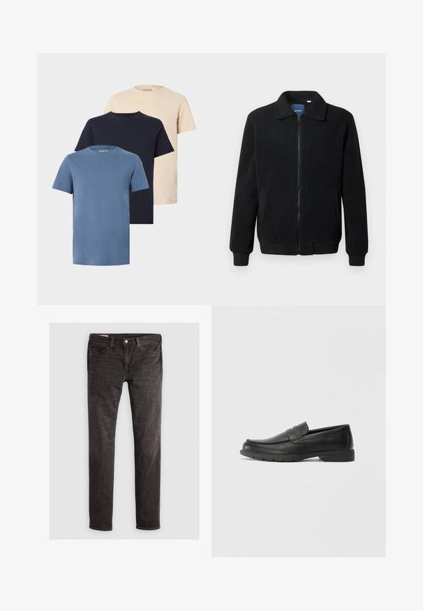 Μαύρο φλις μπουφάν με κλείσιμο με φερμουάρ, όρθιο γιακά, λαστιχένια μανίκια και πλάγιες τσέπες με υφή.; Τρία κοντομάνικα μπλουζάκια με στρόγγυλη λαιμόκοψη στοιβαγμένα: ένα ανοιχτό μπεζ, ένα ναυτικό μπλε και ένα ανοιχτό μπλε. Όλα είναι φτιαγμένα από βαμβάκι.; Μαύρα τζιν παντελόνια με στενή γραμμή, που διαθέτουν πέντε τσέπες, χρυσό κουμπί και διακριτή υφή. Χωρίς ορατά σχέδια ή πρόσθετες διακοσμήσεις.; Μαύρα δερμάτινα παπούτσια loafers με λείο φινίρισμα, άνω μέρος τύπου μωκιανός, ραμμένες λεπτομέρειες και καουτσούκ σόλα. Κλασικός σχεδιασμός με χαμηλό τακούνι.