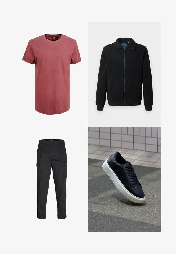 Black fleece jacket featuring a zip closure, stand collar, ribbed cuffs, and side pockets with a textured surface.; Short-sleeve, round-neck t-shirt in faded red cotton. Features a small, tonal logo on the chest and rolled sleeve cuffs. Smooth texture.; Black cargo pants made of sturdy fabric, featuring multiple pockets, a button closure, and a slim fit design with tapered legs.; Black leather sneaker with rounded toe and white rubber sole. Features flat laces and minimal stitching on the upper. Textured sole for grip.