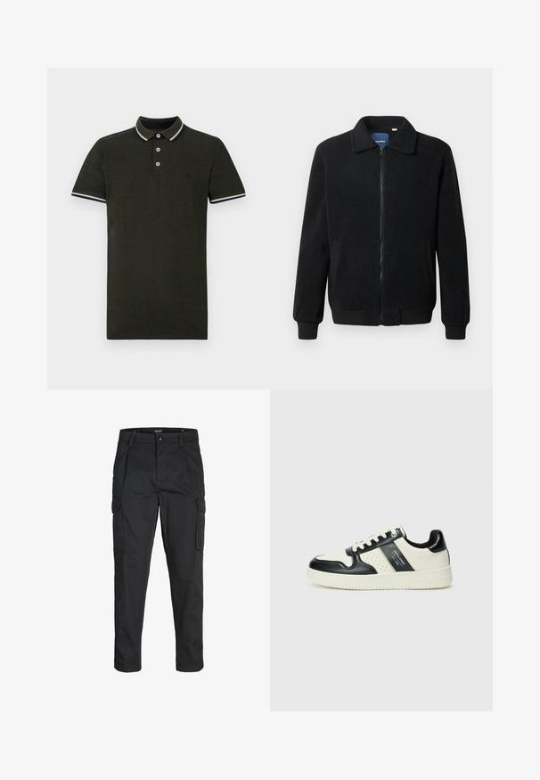 Sort fleecejakke med lynlås, opretstående krave, ribbede manchetter og sidelommer med en tekstureret overflade.; Mørkegrøn polo skjorte lavet af tekstureret stof. Har en to-knaps lukning, kontraststribede krave og ærmekanter i hvid og marineblå.; Sorte cargo-bukser lavet af slidstærkt stof, der har flere lommer, en knaplukning og et slim fit design med smalle ben.; Lædersneakers i sort og creme farveskema, med perforerede detaljer, en polstret krave og en struktureret ydersål.