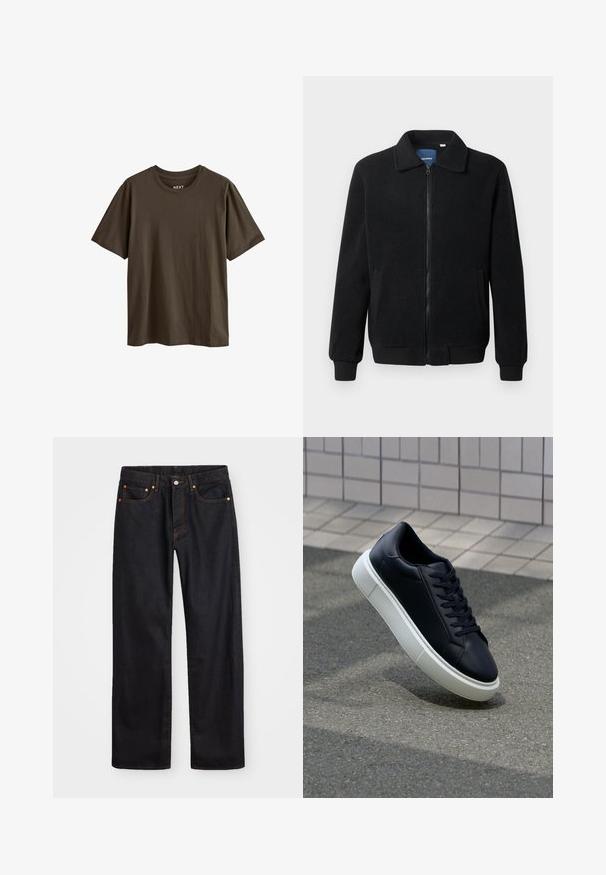 Zwarte fleece jas met een ritssluiting, staande kraag, ribgebreide manchetten en zijzakken met een textuur.; Donkerbruine katoenen T-shirt met korte mouwen en een ronde hals. Vette textuur, eenvoudig ontwerp, en geen zichtbare patronen of accenten.; Heren straight-leg zwarte denim jeans met vijf zakken en oranje stiksels, knoop- en ritssluiting op de voorkant van de tailleband.; Zwarte leren sneaker met een ronde neus en een witte rubberen zool. Voorzien van platte veters en minimale stiksels op het bovenwerk. Textuurrijke zool voor grip.