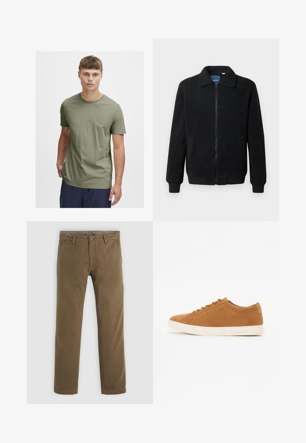 Musta fleece-takki, jossa on vetoketjulla suljettavat, pystykaulus, ribbireunat ja sivutaskut, joissa on teksturoitu pinta.; Oliivinvihreä puuvillapaita, jossa on pyöreä kaula-aukko ja lyhyet hihat; kevyt, sileä rakenne; ei kuvioita tai näkyviä varusteita.; Khaki puuvillapanssit suoran lahkeen muotoilulla, joissa on nappikiinnitys, kaksi etutaskua ja sileä pinta.; Ruske nubuk kengät, matalalla varrella, valkoinen kumipohja ja pyöreä kärki. Varustettu yhteensopivilla nauhoilla ja vähäisellä brändäyksellä kantapäässä.