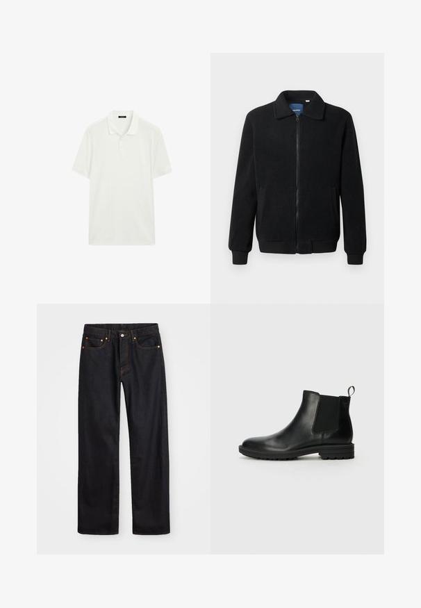 Zwarte fleece jas met een ritssluiting, staande kraag, ribgebreide manchetten en zijzakken met een textuur.; Witte polo shirt gemaakt van polokatoen, met een kraag, korte mouwen en een rechte snit met een sluiting van drie knopen.; Heren straight-leg zwarte denim jeans met vijf zakken en oranje stiksels, knoop- en ritssluiting op de voorkant van de tailleband.; Jack & Jones JFWHOSKINS - Korte laarzen - anthracite