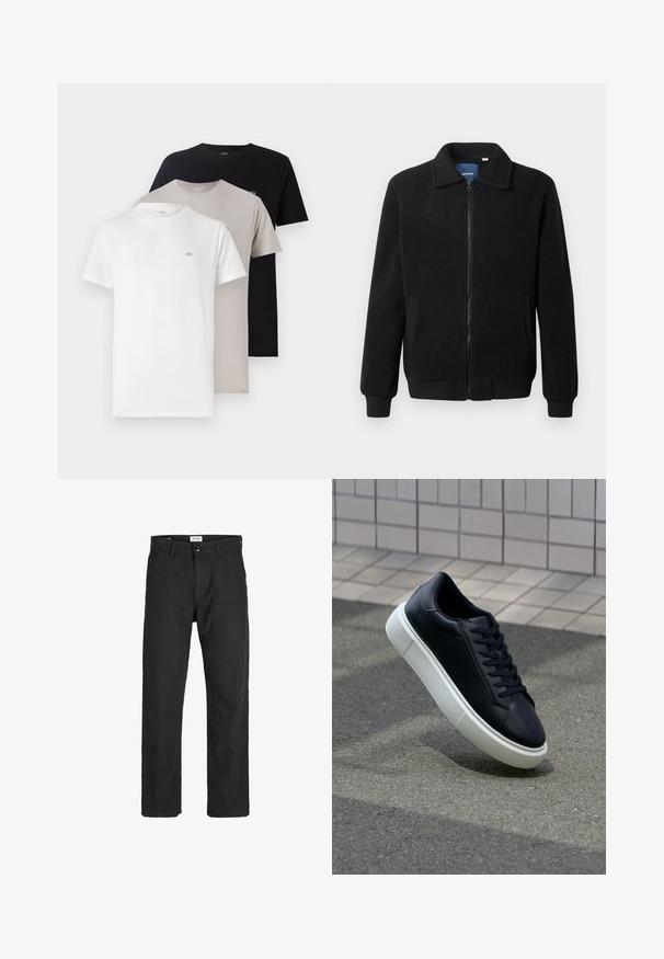 Zwarte fleece jas met een ritssluiting, staande kraag, ribgebreide manchetten en zijzakken met een textuur.; Drie crewneck t-shirts in wit, beige en zwart, gemaakt van zacht katoen met een klein logo op de borst voor elke kleur.; Zwarte broeken gemaakt van duurzame stof, met een recht gesneden ontwerp, gestikte accenten en twee voorzakken voor functionaliteit.; Zwarte leren sneaker met een ronde neus en een witte rubberen zool. Voorzien van platte veters en minimale stiksels op het bovenwerk. Textuurrijke zool voor grip.