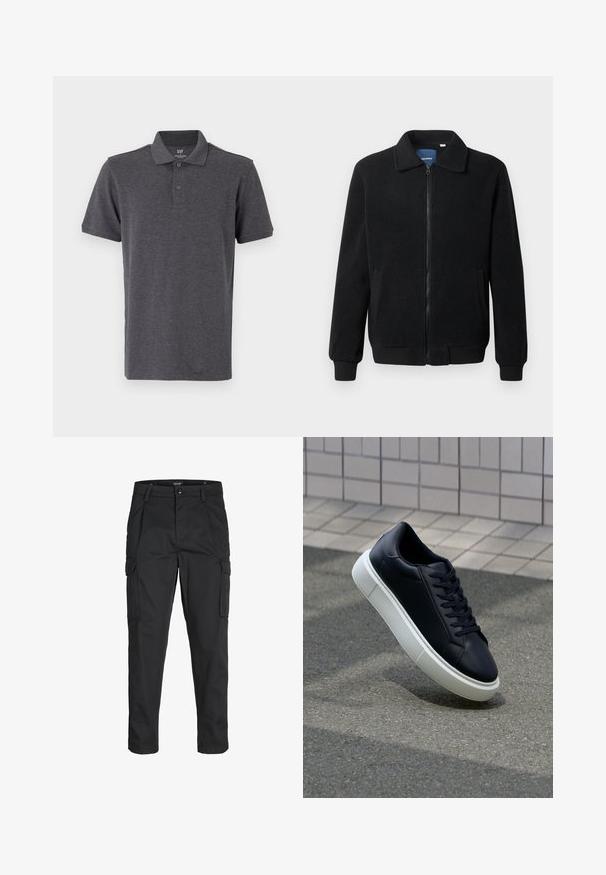 Juodas fliso džemperis su užtrauktuku, stovinčia apykakle, gumuotais rankogaliais ir šoninėmis kišenėmis, turinčiomis tekstūruotą paviršių.; GAP Polo marškinėliai - light grey; Juodi krovinių tipo džinsai, pagaminti iš tvirto audinio, su keliais kišeniais, mygtuko uždarymu ir siauru, prigludusiu dizainu su siaurėjančiomis kojomis.; Juodas odinis sportbačius su apvaliu pirštu ir baltu gumuotu padu. Turi plokščias raišteles ir minimalų siuvimą viršuje. Padangos tekstūra užtikrina sukibimą.