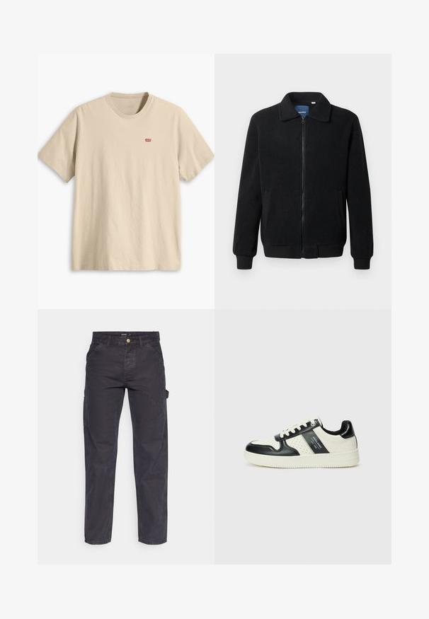 Črna flis jakna z zadrgo, stoječim ovratnikom, rebrastimi zapestji in stranskimi žepi s teksturirano površino.; Bež majica iz bombaža s kratkimi rokavi, okrogel ovratnik in majhen rdeč logo Levi's na levem prsnem delu. Gladka tekstura, sproščen kroj.; Temno sivi cargo hlače iz trpežnega materiala, z ravnim krojem nogavic, petimi žepi in gumbom za zapiranje v pasu.; Usnjeni športni čevlji z črno in krem barvno shemo, ki vključujejo perforirane dodatke, podložen ovratnik in strukturirano podplat.