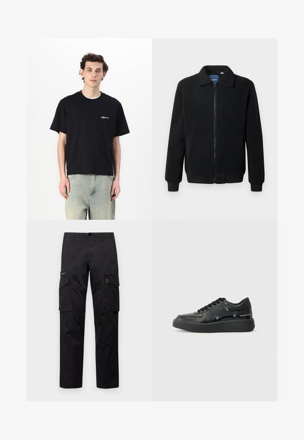 Svart fleece jakke med glidelås, høy krage, ribbestrikkede mansjetter og sidelommer med strukturert overflate.; Svart bomulls t-skjorte med korte ermer, rund hals og hvit logo på brystet, kombinert med lyseblå jeans.; Sorte cargo bukser med flere lommer, en lynlåslomme på låret, rett passform og solid bomullsstoff med lett glans.; Sorte lærersneakers med en glat finish, rund tå og kontrasterende sort gummisål. Der er flade snørebånd og branding på siden.